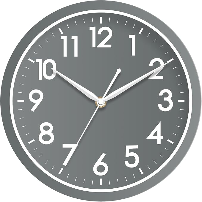 AKCISOT 10 Inch Wall Clock, Battery Operated Analog Clock, Silent Non-Ticking, Ideal for Bedroom, Bathroom, Kitchen, Office and School, Gray