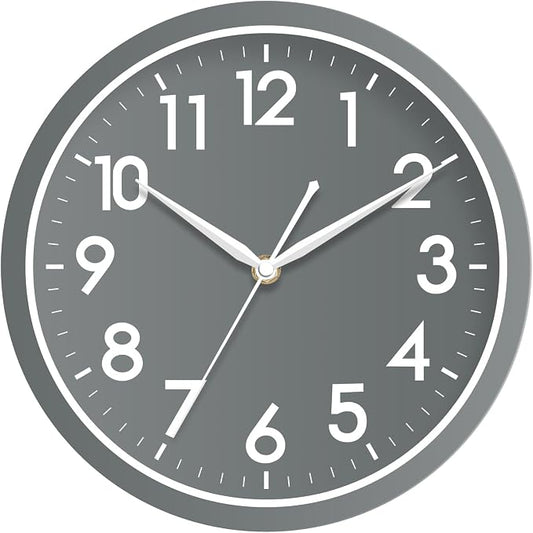 AKCISOT 10 Inch Wall Clock, Battery Operated Analog Clock, Silent Non-Ticking, Ideal for Bedroom, Bathroom, Kitchen, Office and School, Gray