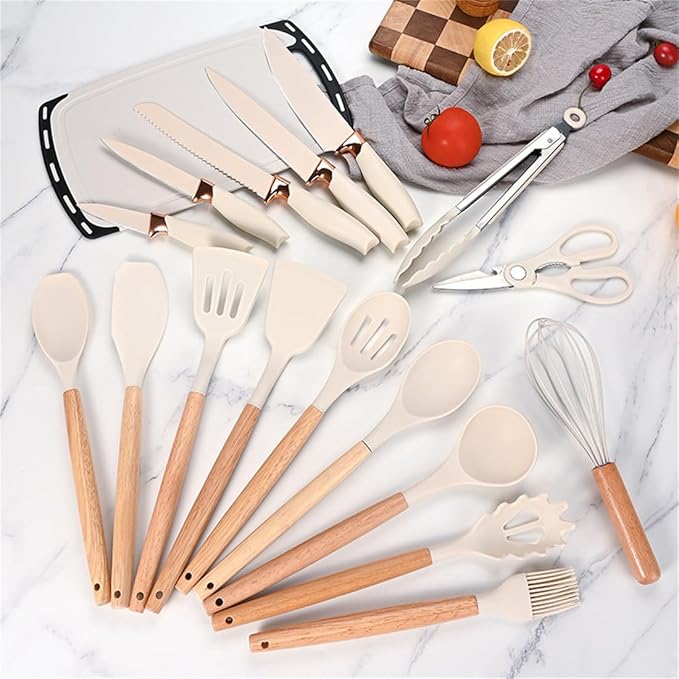 Kitchen Cooking Utensils and Knife Set with Holder Block, 19 Pieces Cooks Cutting Set 11 Pcs Silicone Cooking Utensils Sharp Stainless Steel Knives Scissors Whisk Tongs and Cutting Board (Beige)