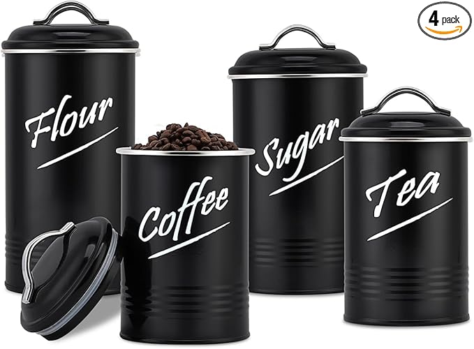 Hillbond Kitchen Canister Set of 4, Airtight Stainless Steel Food Storage Containers with Lids, Flour Sugar Coffee Tea Canisters for Countertop, Metal Kitchen Storage Jars, Black