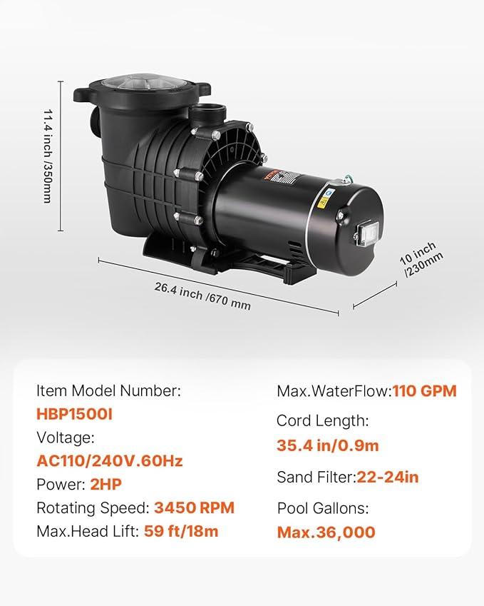 VEVOR Above Ground Pool Pump, 2 HP Single-Speed Operation Pump with 110 GPM Max Flow, 3450 RPM, 110V/240V, 59 ft Max Head, Equipped with a Filter Basket, for Above Ground Pools, Spas, and Hot Tubs