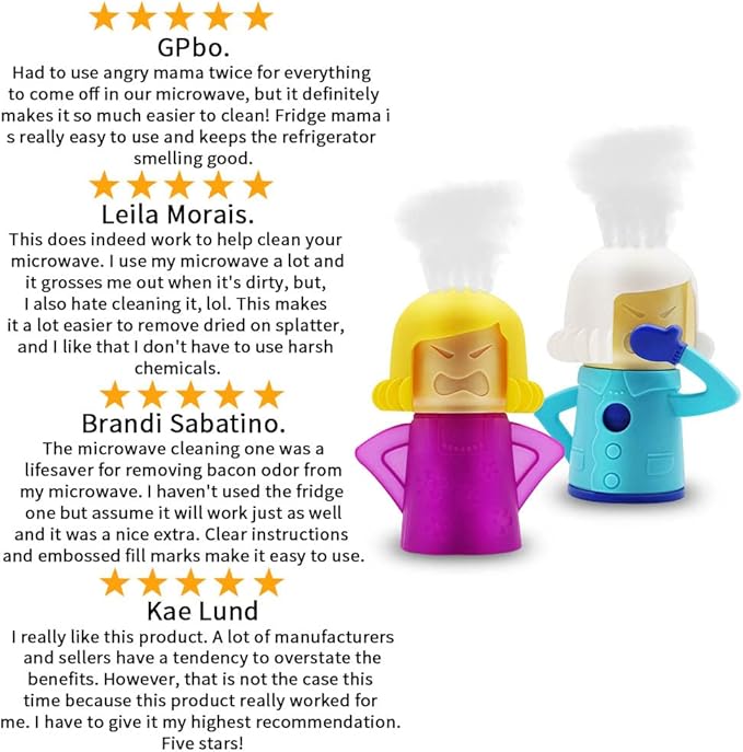 Abnaok Angry Mom Microwave Cleaner and Chilly Mama Fridge Deodoriser 2PCS Easily Clean in Minutes for Home or Office with English Manual