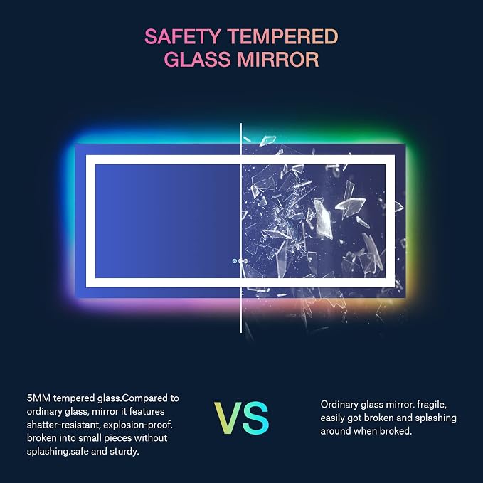 LOAAO 60"X30" RGB LED Bathroom Mirror with Lights, Anti-Fog, Dimmable, Lighted Bathroom Vanity Mirror, Multiple Light Modes, RGB Backlit + Front Light, Memory Function, Tempered Glass, ETL Listed