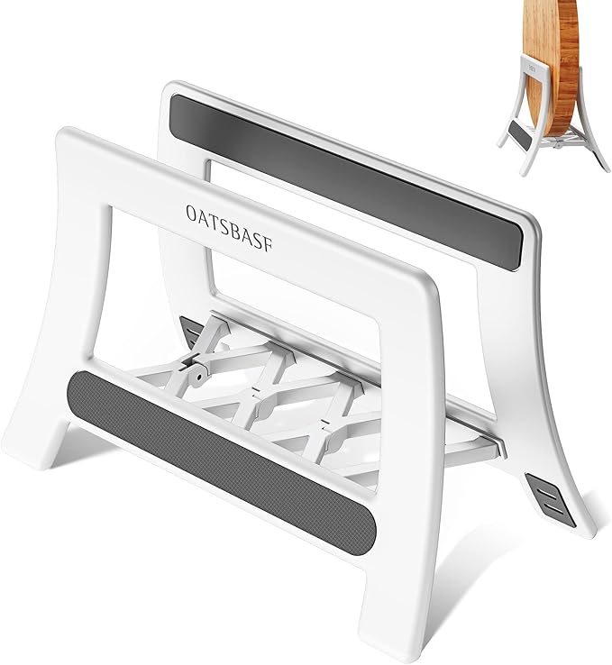 Cutting Board Holder, Cutting Board Rack Chopping Board Holder,Auto Width Adjustable Cutting Board Holder Stand for Countertop Counter Kitchen Cabinet (White)