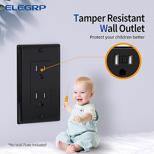 ELEGRP Decorator Wall Receptacle Outlet, Tamper Resistant 15 Amp Standard Electrical Wall Outlet, Residential Grade, Self-grounding, 125V, 2 Pole 3 Wire, 5-15R, UL Listed, Glossy Black, 10 Pack