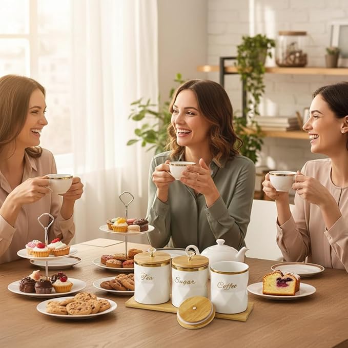 White Ceramic Storage Canister for Coffee Sugar Tea Containers Set of 3, Coffee Sugar Tea Canisters Set with Bamboo Lids and Tray, Airtight Food Storage Jars for Kitchen Pantry
