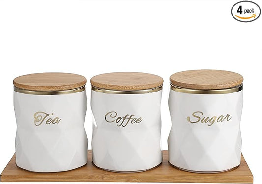 JUXYES Set of 3 Ceramic Canisters Set for Sugar Coffee Tea, Luxurious Storage Containers Set with Lids Decorative Storage Pots White Ceramic Storage Jar for Kitchen Counter Dining Room