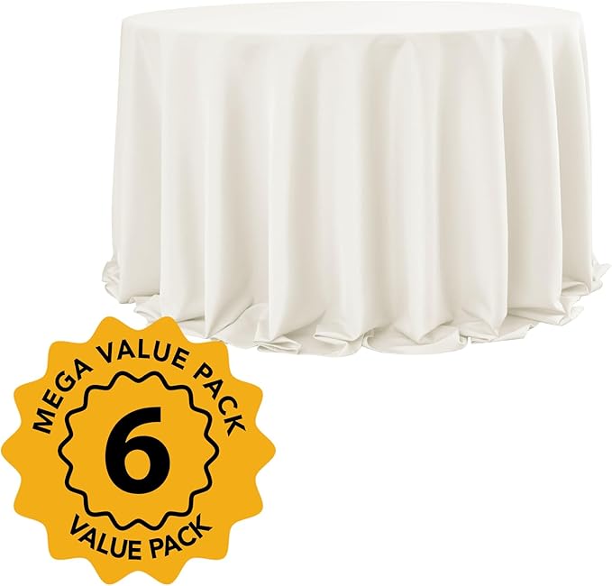6-Pack Ivory Round Tablecloths, 132 Inches, Stain-Resistant Polyester for 6-8 Ft Round Tables - Washable Table Covers for Weddings, Banquets, Birthday Parties, Events