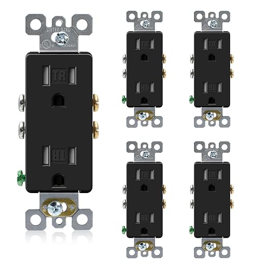 ELEGRP Decorator Wall Receptacle Outlet, Tamper Resistant 15 Amp Standard Electrical Wall Outlet, Residential Grade, Self-grounding, 125V, 2 Pole 3 Wire, 5-15R, UL Listed, Glossy Black, 5 Pack