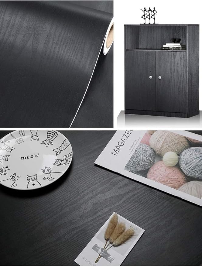 Black Wallpaper - Wood Peel and Stick Wallpaper – Black Wood Self-Adhesive & Removable Wall paper for Countertop Furniture Kitchen Wall, Countertop Contact Paper, Easy to Clean, 24''×393'' Vinyl