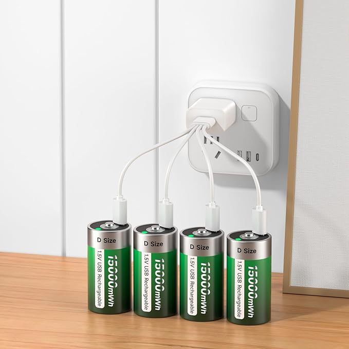 Rechargeable D Batteries 6 Pack with USB-C Charging Cable, D Size Cell Battery 15000mWh for Flashlight Toys & Floodlight