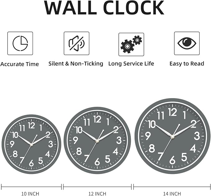 AKCISOT 10 Inch Wall Clock, Battery Operated Analog Clock, Silent Non-Ticking, Ideal for Bedroom, Bathroom, Kitchen, Office and School, Gray