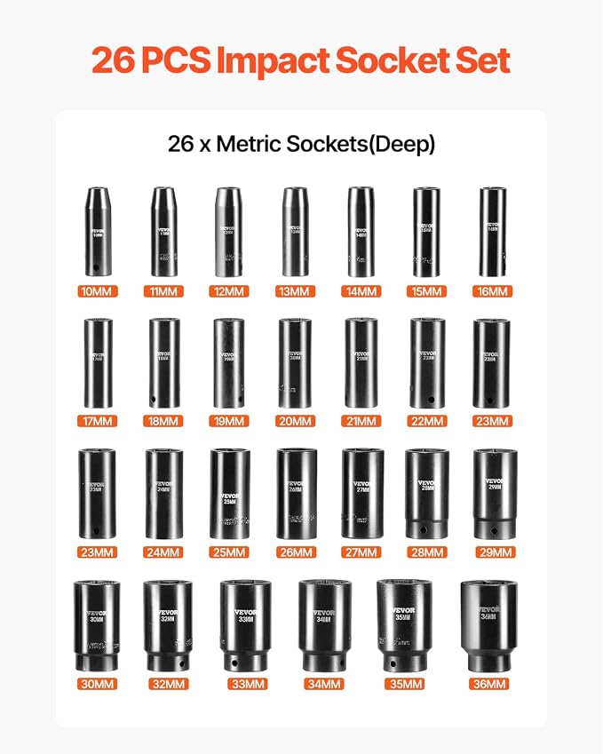 VEVOR Impact Socket Set 1/2 Inches 26 Piece Deep Sockets, 6-Point, Rugged Construction, Cr-V, 1/2 Inches Drive Socket Set Impact Metric 10mm - 36mm, with a Storage Cage