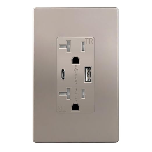 TOPGREENER 2-Port USB Outlet, Type C USB Wall Charger Outlet, 20 Amp TR Receptacle Plug, Charging Power Outlet with USB Ports, Wall Plate Included, UL Listed, TU22036AC-NKWSI, Nickel