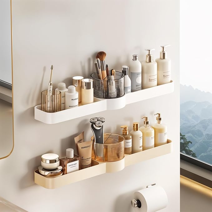 Self-Adhesive Bathroom Shelf Rack, No Drill Waterproof Wall Mount Organizer with 90° & 180° Rotation for Bathroom, Kitchen, and Corner Storage, White (Pack of 1)
