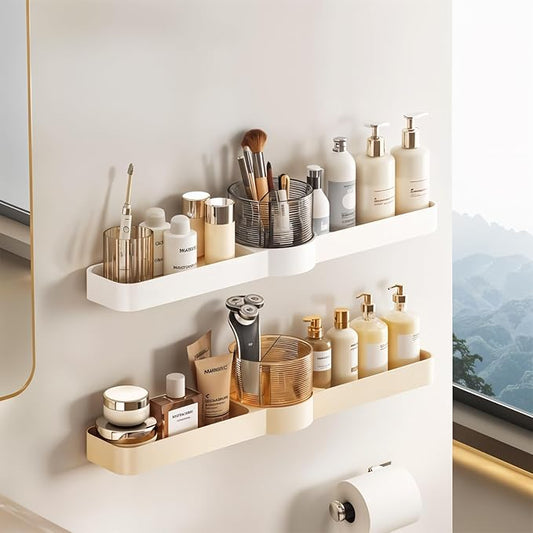 Self-Adhesive Bathroom Shelf Rack, No Drill Waterproof Wall Mount Organizer with 90° & 180° Rotation for Bathroom, Kitchen, and Corner Storage, White (Pack of 1)