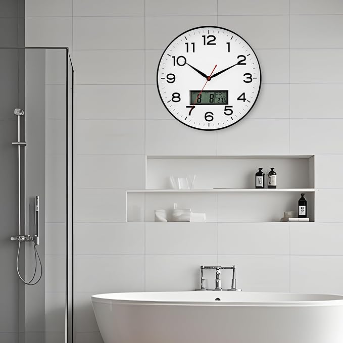 AKCISOT Wall Clock 12 Inch, Non-Ticking Silent Battery Operated Analog with LCD Display for Perpetual Calendar and Temperature, Ideal Modern Decor for Home, Bedroom, Kitchen, Office (Black)