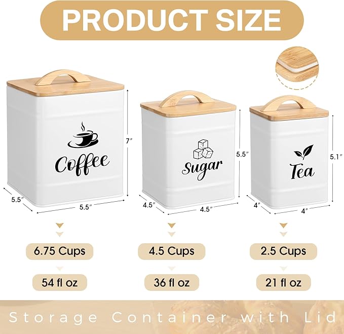 Maxdot 3 Set Coffee Sugar Tea Containers, Square Airtight Kitchen Canisters Storage Ground Organization with Bamboo Lids Rustic Metal Jars for Coffee Bar Beans, Tea Leaves, Food, Countertop(Cream)