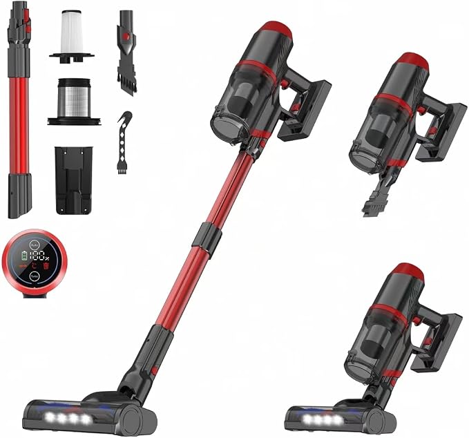 Cordless Vacuum Cleaner for Home Lightweight Anti-Tangle Brush | 500W Powerful Suction, 3 Suction Modes, Touch Screen, LED Light, Stick Vacuum for Home Pet Hair Floors Car Carpets Dorm