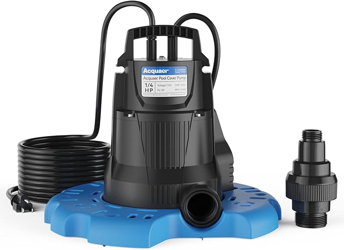 Acquaer Automatic Swimming Pool Cover Pump, Submersible Sump Pump with 3/4” Check Valve Adapter & 25ft Power Cord, Water Removal for Pool, Hot Tubs, Rooftops, Water Beds and More, 1/3 HP 2950 GPH