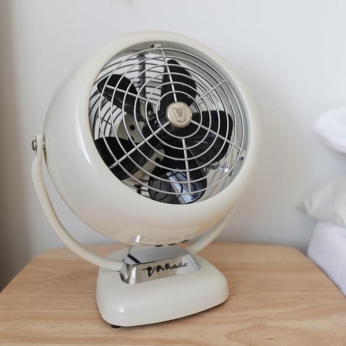 Vornado VFAN™ Vintage Air Circulator Fan, 3-Speed, Metal, Desktop Table Fan for Bedroom, Office, Cooling, with Adjustable Tilt Multi-Directional Airflow, Retro Design, Vintage White