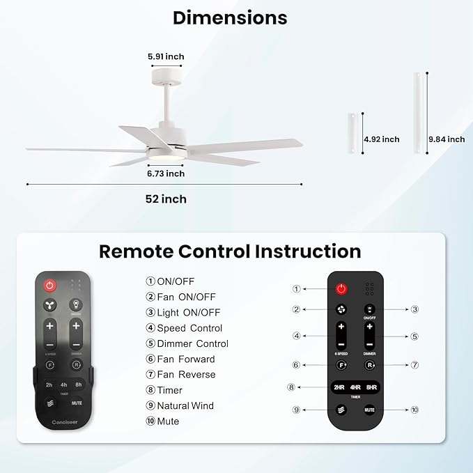 Conciseer Modern Ceiling Fans with Lights,52 Inch Ceiling Fans with Remote for Bedroom Living Room Kitchen, 18W 6CCT Dimmable，5 Blades 6 Speed Reversible Quiet DC Motor White