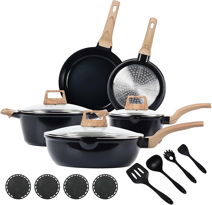 FDN 16Pcs Titanium Pots and Pans Set,Toxic-Free Cookware Set, Dishwasher & Oven Safe, Induction Compatible with Bakelite Wood Grain Handle, Compact and Durable