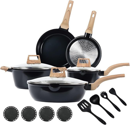 FDN 16Pcs Titanium Pots and Pans Set,Toxic-Free Cookware Set, Dishwasher & Oven Safe, Induction Compatible with Bakelite Wood Grain Handle, Compact and Durable