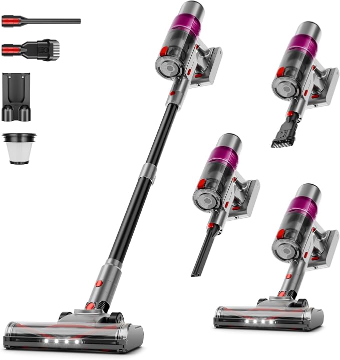 Cordless Vacuum Cleaner:Portable 6-in-1 Stick Vacuum with Anti-Tangle Brush | LED Headlight, Self-Standing, HD Display, Rechargeable Vacuum for Pet Hair, Low-Pile Carpet and Hardwood Floor-Purple