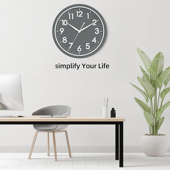 AKCISOT 10 Inch Wall Clock, Battery Operated Analog Clock, Silent Non-Ticking, Ideal for Bedroom, Bathroom, Kitchen, Office and School, Gray