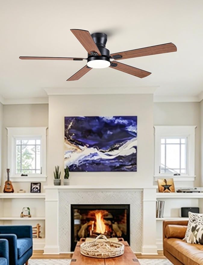Ceiling Fans with Lights, 52'' Low Profile Ceiling Fan with Light and Remote/APP Control, Modern Flush Mount Ceiling Fan for Indoor Bedroom Living Room, Dimmable, Qiuet DC Motor, Brown