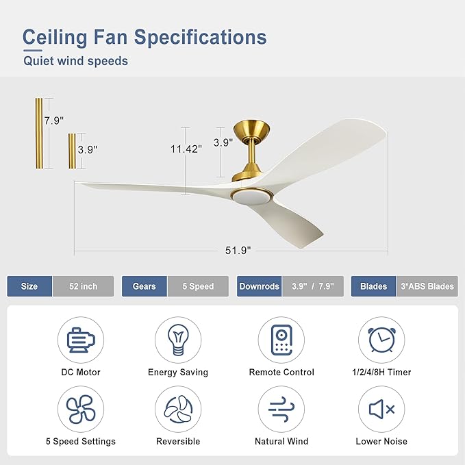 Outdoor Ceiling Fan with Light: 52 Inch 3 Blade Outdoor Fans for Patios - Modern White Gold Ceiling Fan with Remote Control Ultra Quiet Reversible DC Motor Timer