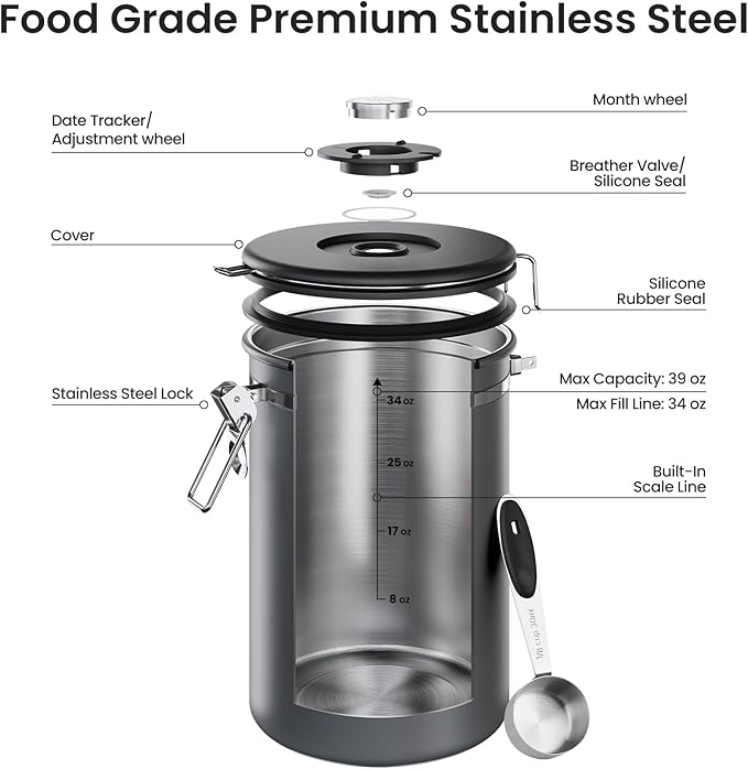 Veken Coffee Canister, 39OZ Large, Airtight Stainless Steel Food Storage Container for 2.2lbs Coffee Beans,Ground, Sugar,Espresso,Rice,Tea,Flour, Cookie, Jars,Home Kitchen Bar Accessories, Gifts,Gray