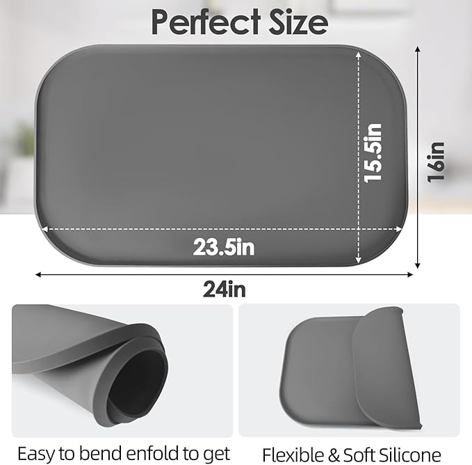 TOHONFOO Silicone Coffee Maker Mat with Lip, 24'' x 16'' Heavy Duty Coffee Maker Mat for Countertops, Coffee Tray Fit Under Coffee Machine Appliance Automatic Machines Espresso Accessory, Grey