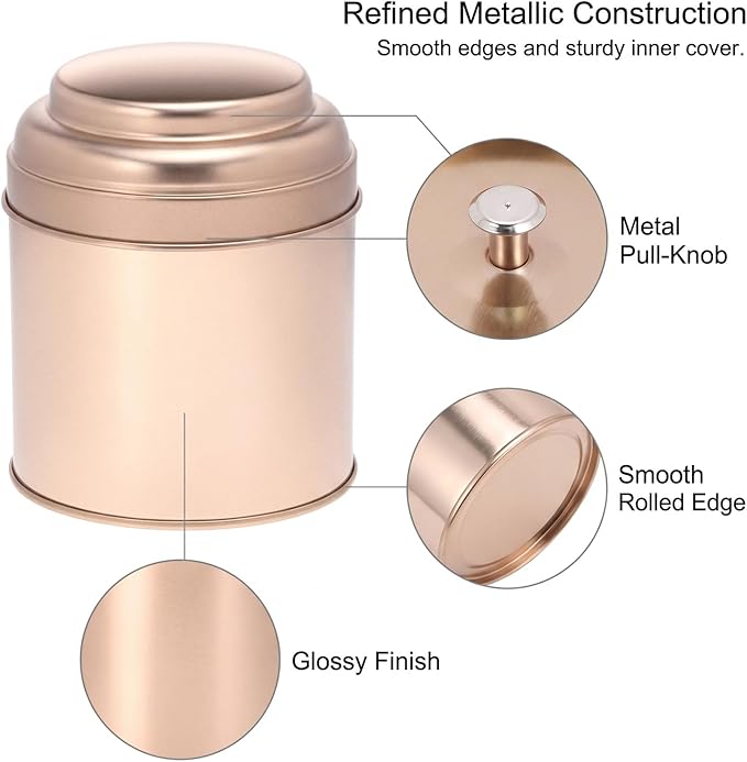 QWORK Tea Tin Canisters with Airtight Double Lids, 8 fl oz Each, 6 Pack Metal Containers, Mini Tea Storage Containers for Loose Leaf Tea, Tea Bags, Coffee, Sugar, Spices, Rosegold