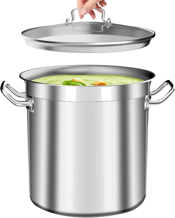 Large Stock Pot 20 Quart - Commercial Grade Soup Pot With Glass Lid - Nickel Free Stainless Steel Cookware - Healthy Polished Stockpots - Heavy Duty Induction Pots