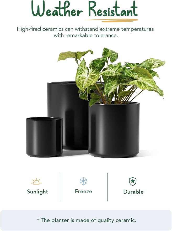 LE TAUCI 10+8+6 Inch Ceramic Pots for Plants, Indoor Planters with Drainage Hole and Plug, Modern Cylinder Flower Pots Set of 3 for Office and Living Room, Satin, Black