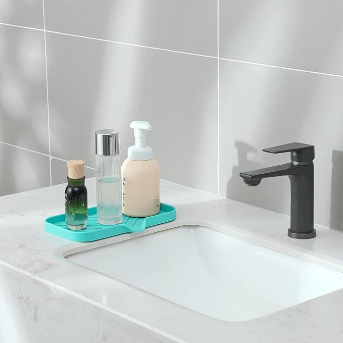 MicoYang Silicone Soap Dish with Drain Spout — Self-Draining Sink Organizer Tray for Bathroom & Kitchen, Sponges, Dispensers & Soap Holder, Non-Slip & Dishwasher Safe, Mint (Medium, 9.6"×5.3")