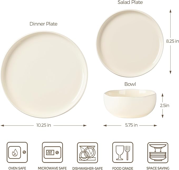 TheTerra Ceramic Dinnerware Sets for 4, 12 Pieces Porcelain Lightweight Plates and Bowls Sets, Scratch Resistant Dish Set, Oven & Microwave & Dishwasher Safe,Ivory
