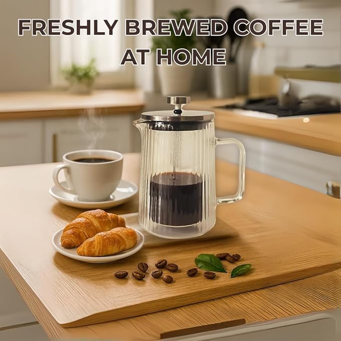 French Press Coffee Maker – Double-Wall Borosilicate Glass | Ribbed Manual Brewer with Stainless Steel Mesh Filter for Hot & Cold Coffee or Tea (34oz /1000ml)