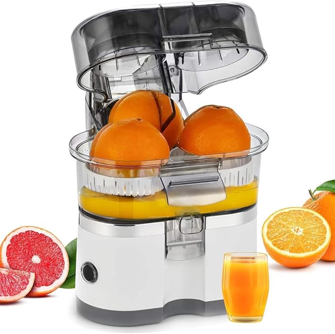 100W Electric Double-Head Juicer, Easy to Clean and Dishwasher-safe Parts, with 18000 RPM Powerful Motor for Orange, Lemon, Lime, High Juice Yield. (Silver)