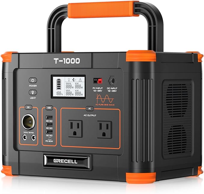 GRECELL 999Wh Solar Generator 1000W, Portable Power Station with 60W USB-C PD Output, 110V Pure Sine Wave AC Outlet Backup Lithium Battery for Outdoors Camping Travel Hunting Home (Peak 2000W)