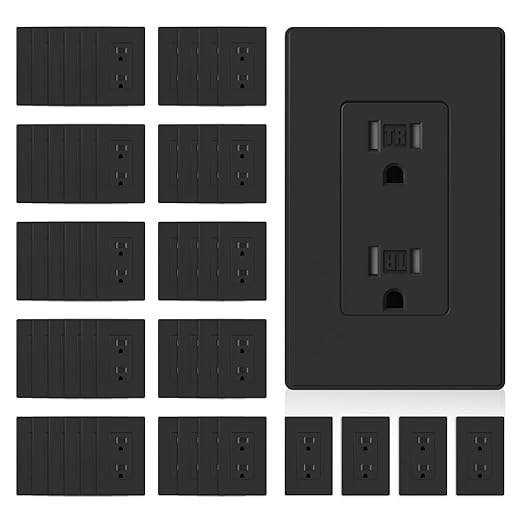 ELEGRP Matte Black Tamper Resistant Decorator Wall Receptacle Outlet, 15A 125V Electrical Outlet, Residential Grade, Self-grounding, Screwless Wall Plate Included, UL Listed, 50 Pack