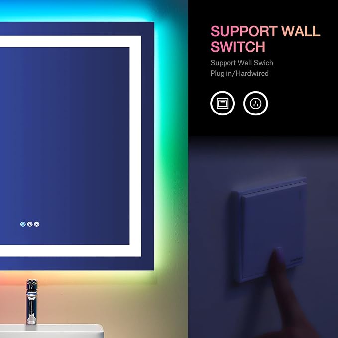 LOAAO 36"X36" RGB LED Bathroom Mirror with Lights, Anti-Fog, Dimmable, Lighted Bathroom Vanity Mirror, Multiple Light Modes, RGB Backlit + Front Light, Memory Function, Tempered Glass, ETL Listed