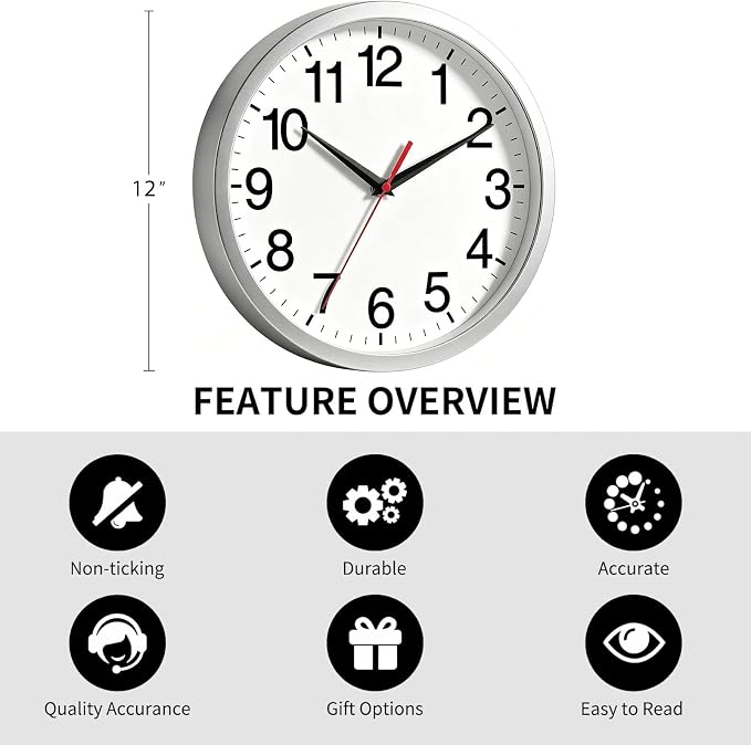 Rohioue 12 Inch Wall Clock Modern Battery Operated Silent Non Ticking Analog Clock Decorative for Bedroom Kitchen Bathroom Office Home Living Room (Silver)