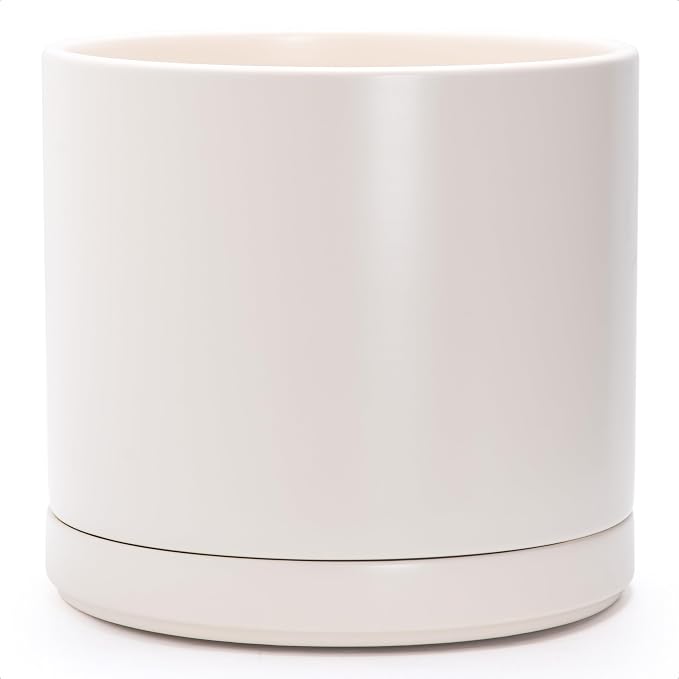 D'vine Dev 14 Inch Ceramic Planter Pot, Oatmeal, 94-O-G-8 | Modern Cylinder Design, Drainage Hole & Saucer Included, Stable Structure, Elegant Home Accent