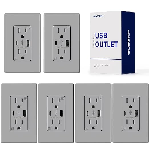 ELEGRP USB Wall Outlet, USB A & C Ports, 15 Amp Duplex Tamper Resistant Receptacle Plug NEMA 5-15R, Wall Plate Included, UL Listed, Matte Grey 6 Pack