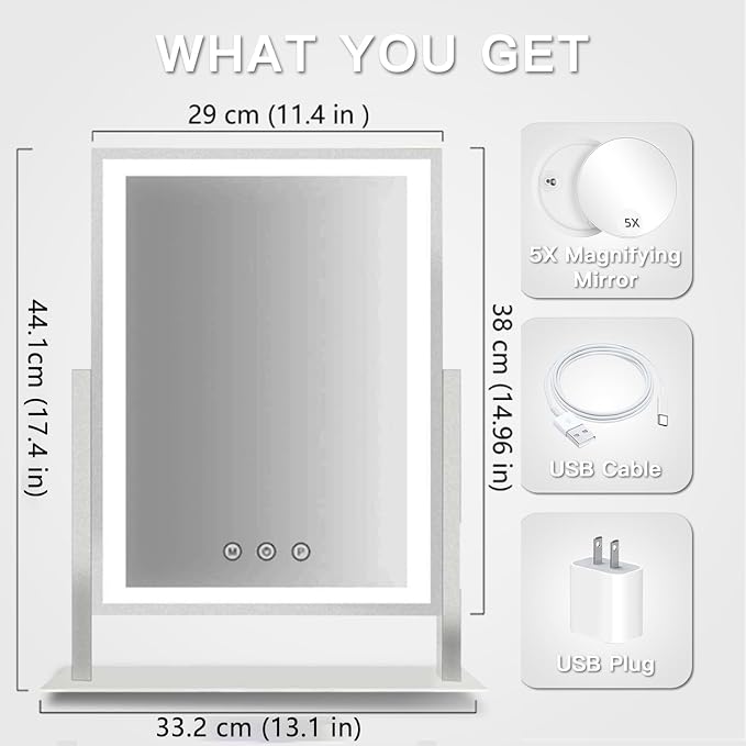 HIEEY Lighted Makeup Mirror, 17.3" x 13" Hollywood Vanity Mirror with Lights, Three Color Lighting Modes, and 5X Magnification Mirror, Smart Touch Control, 360°Rotation (White,Gift Box)