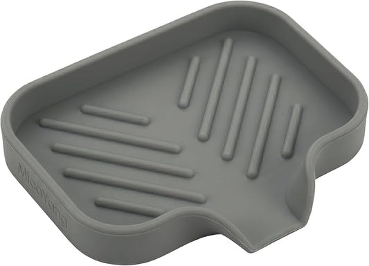 MicoYang Silicone Soap Dish with Drain Spout, Self-Draining Sink Organizer Tray for Bathroom and Kitchen, Sponges, Dispensers and Soap Holder, Non-Slip and Dishwasher Safe, Grey (Compact, 4.9"×3.2")