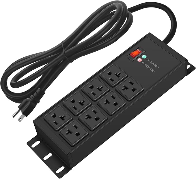CCCEI Heavy Duty Power Strip Surge Protector 20 AMP Switch, 12 Gauge Extension Cord with Multiple Outlets, Industrial, Shop, Garage High Amp Wall Mount Electric Extender. 25FT, Black.